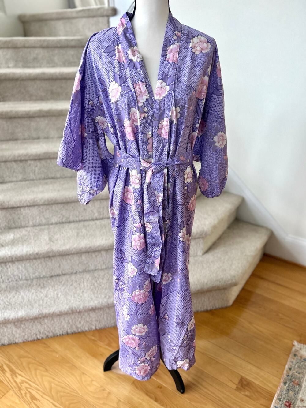 Vintage Purple & Pink Lotus Print Cotton Kimono Robe